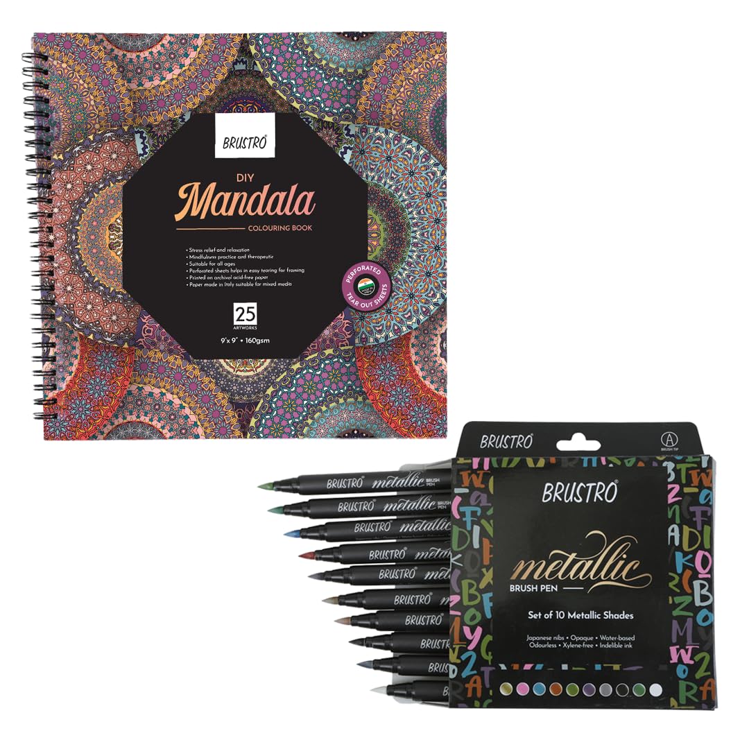 Brustro DIY Mandala Colouring Book 9"x9" 160 GSM 25 Perforated Sheets & Brustro Metallic Brush Pens - Soft Brush Tip for Calligraphy, Hand Lettering, Colouring, Card Making - Set of 10 Colors (B0D8FMJD47) Amazon Price History, Amazon Price Tracker