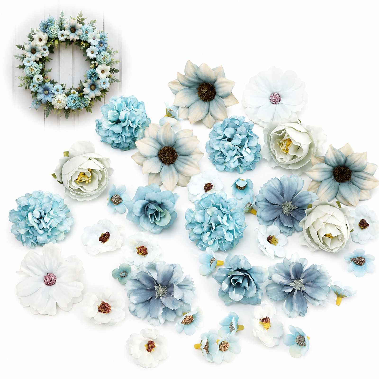 WHJYCC 25PCS Small Artificial Flower Heads for Cake Decorating & DIY Crafts - Silk Faux Floral Mix for Wedding, Party Hair Accessories, Bridal Bouquet, Home Decor Wall Panel and Gift (Blue Mix)
