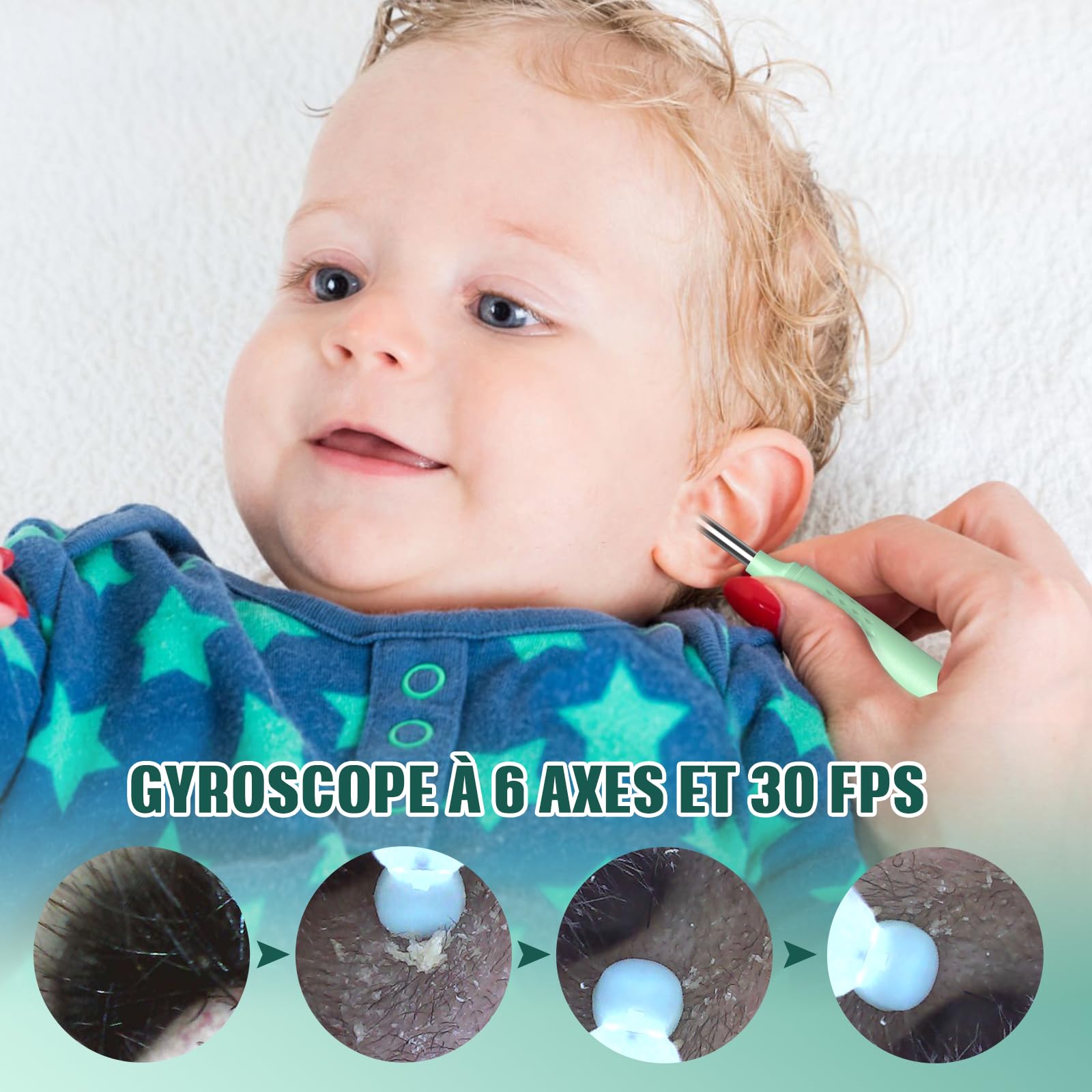 Otoscope Oreille 1920P Camera Oreille Nettoyage avec 6 Lumière et 7 Pièces Kit Nettoyage Oreille pour Smartphones iOS et Android, Accessoire Pratique pour une Hygiène Auriculaire(Vert)