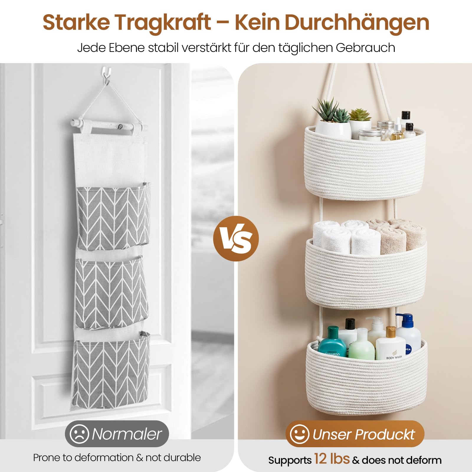 Hängender Organizer, Hängeorganizer Mit Haken, Wand Hängen Tasche Zum3-Tier, Hängeregal Stoff Wand aus Baumwollseil Gewebt, Für Wohnzimmer, Schlafzimmer, Bad, Kinderzimmer (Weiß)