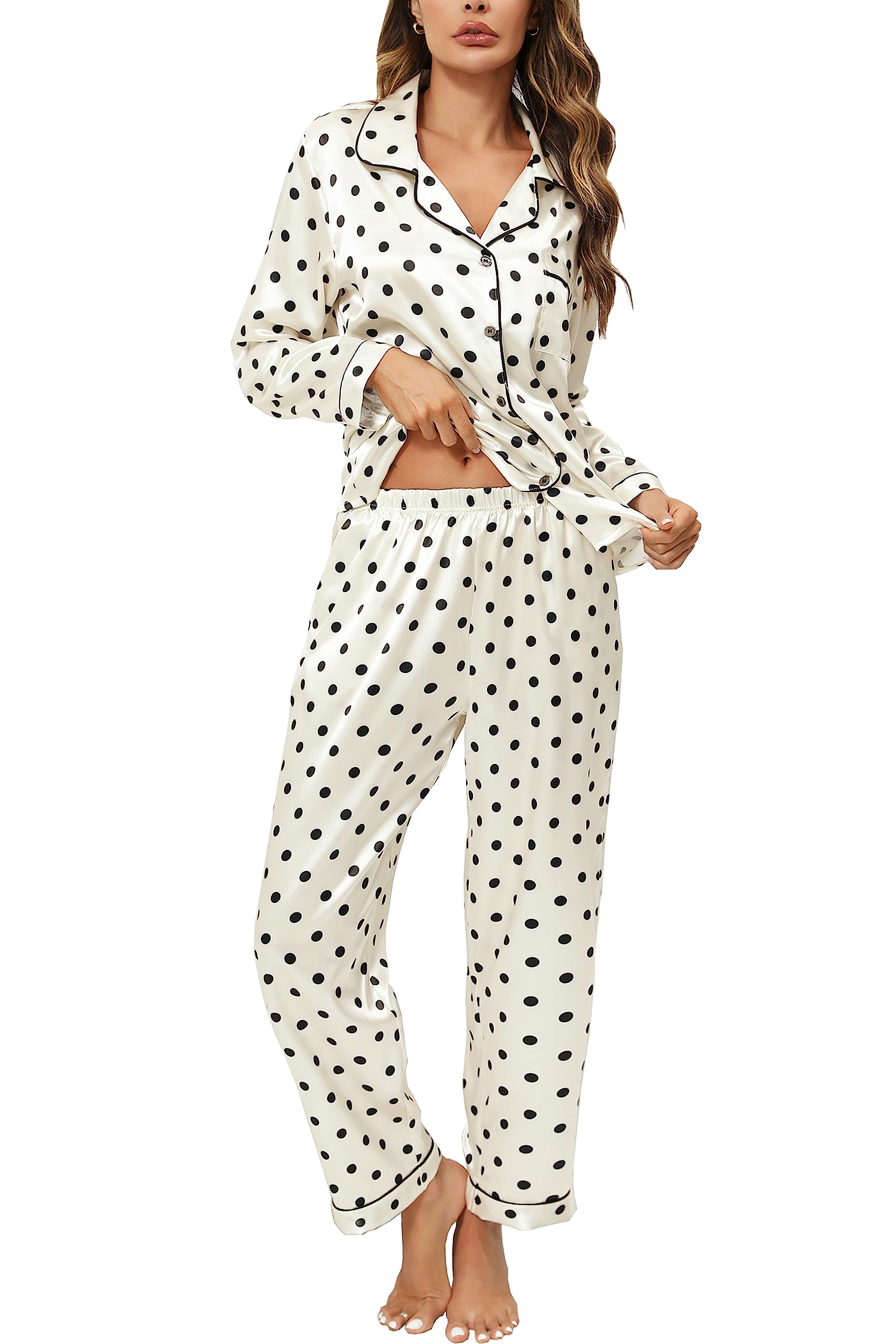 Anjue Silk Satin Pajamas Set Women's Long Sleeve Sleepwear Soft Pjs Set Two Piece Button Down Pj Set with Pockets S-XXL