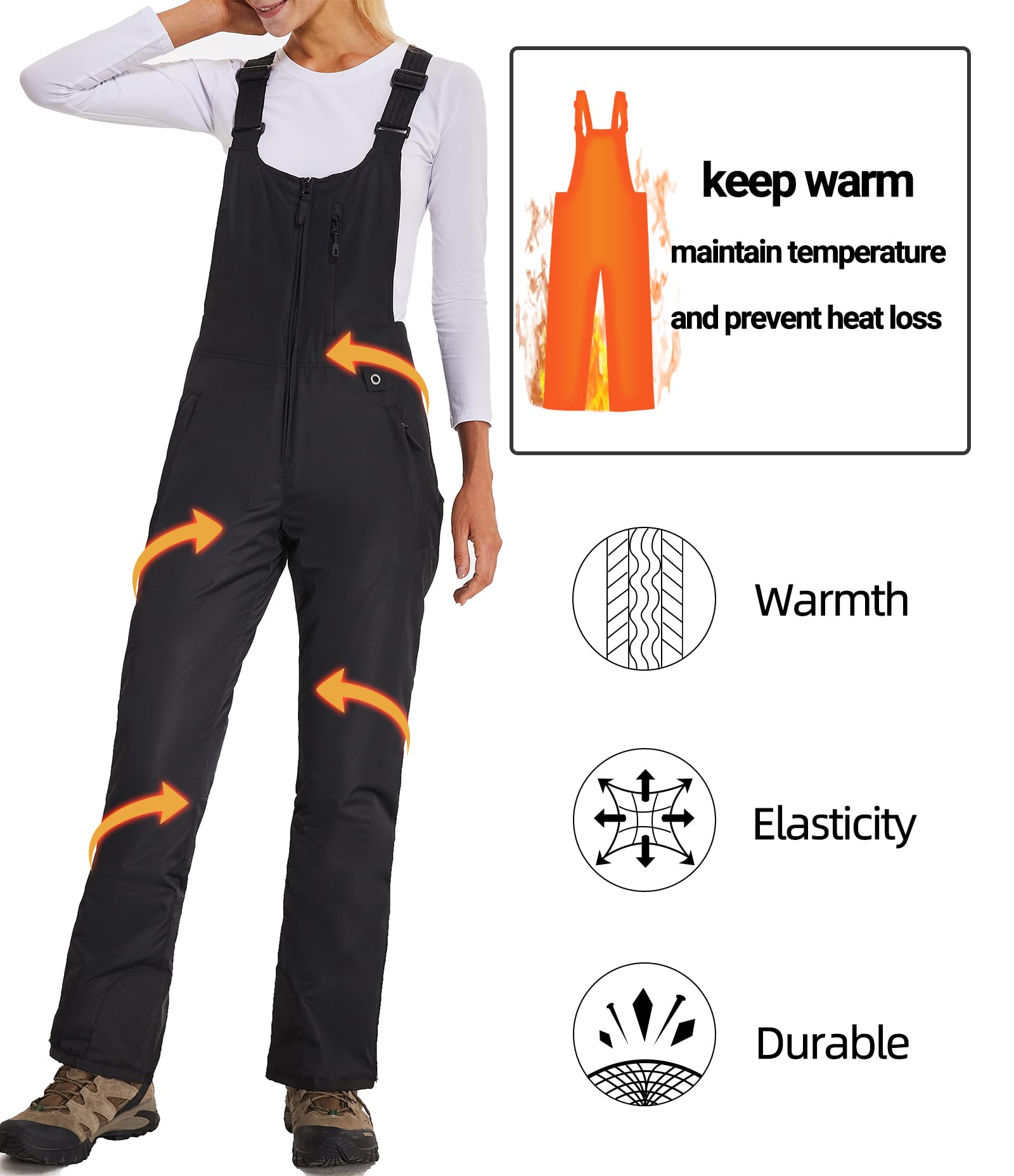 Damen Skihose Latzhose Wasserdicht Softshellhose Overall Winter Warm Gefüttert Schneehose Snowboardhose mit Verstellbaren Hosenträgerhose HXK8668W-Black-M