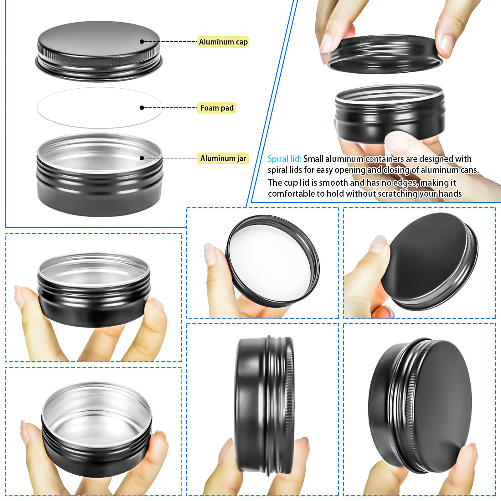 Paquete de 16 tarros de aluminio recargables de 2 onzas, recipientes redondos de aluminio con tapa para bálsamo labial, velas de crema de bálsamo labial, 60 ml, color negro
