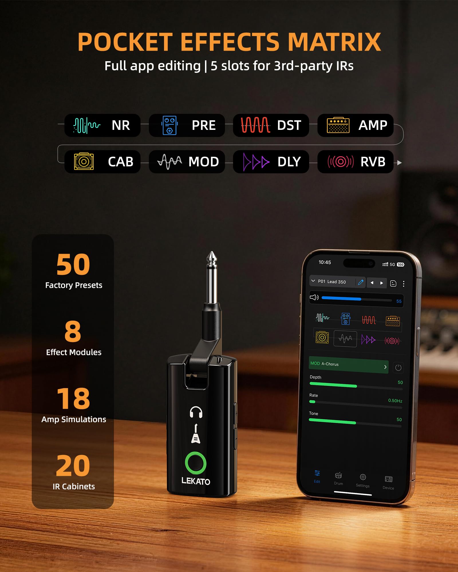 LEKATO Mini-Gitarren-Kopfhörerverstärker mit App, PA-5 | Multieffekte: 8 Module, 18 Verstärker, 20 IRs & IR-Ladefunktion. Drum-Machine, OTG-Aufnahme, Bluetooth-Streaming.