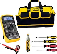 kit eletricista profissional com Bolsa Reforçada + Caneta Detectora + Kit Chave Philips e Fenda + Multímetro Digital