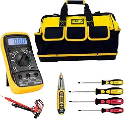 kit eletricista profissional com Bolsa Reforçada + Caneta Detectora + Kit Chave Philips e Fenda + Multímetro Digital