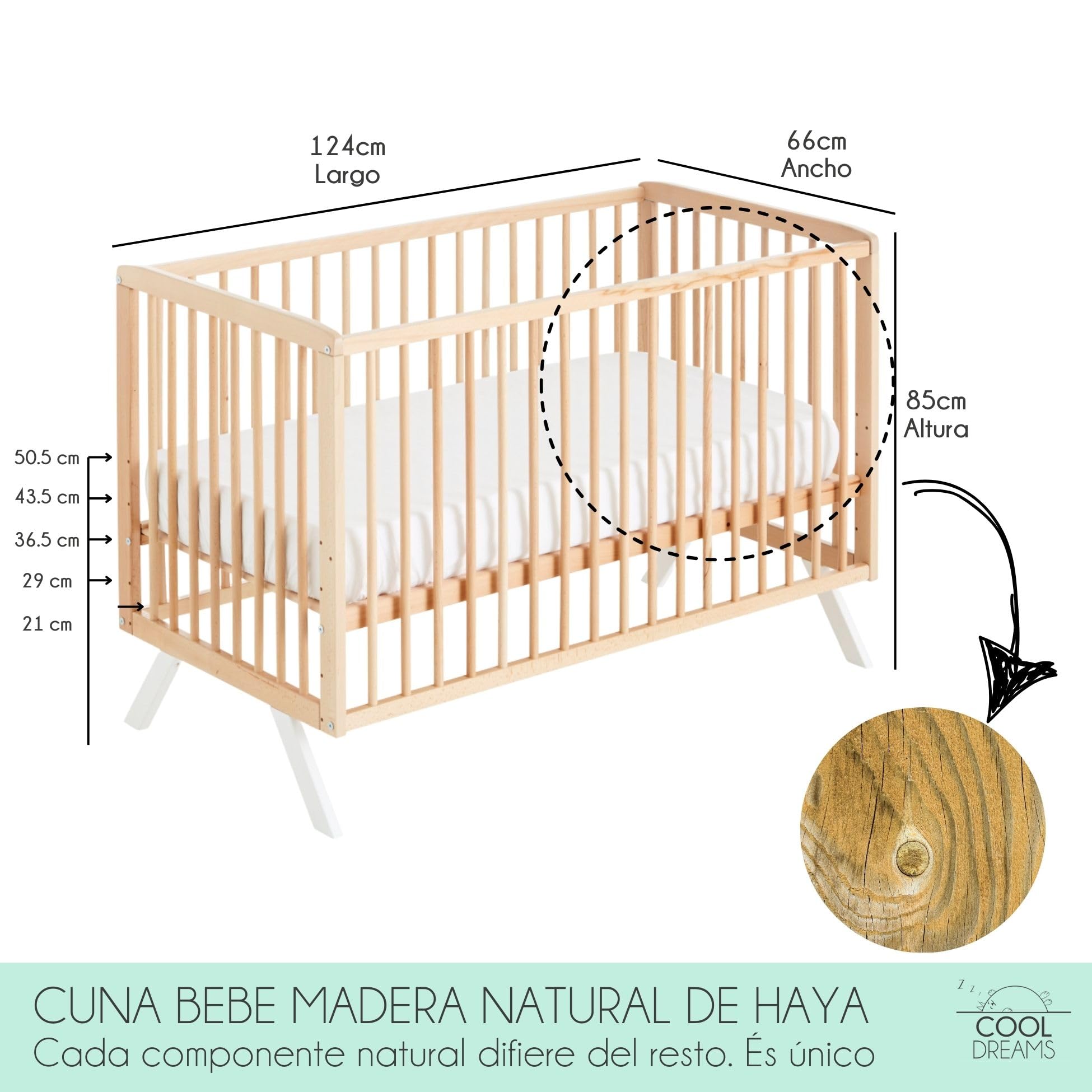 Cuna Colecho de Bebé Koala Estilo Nórdico Natural 120x60 cm, de Madera de Haya, con Colchón Morfeo y Barandillas Naturales CoolDreams