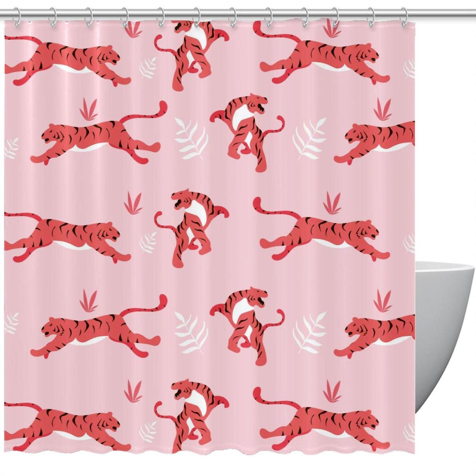 Rideau de douche motif tigre rose et ses crochets pour une ambiance bien-être