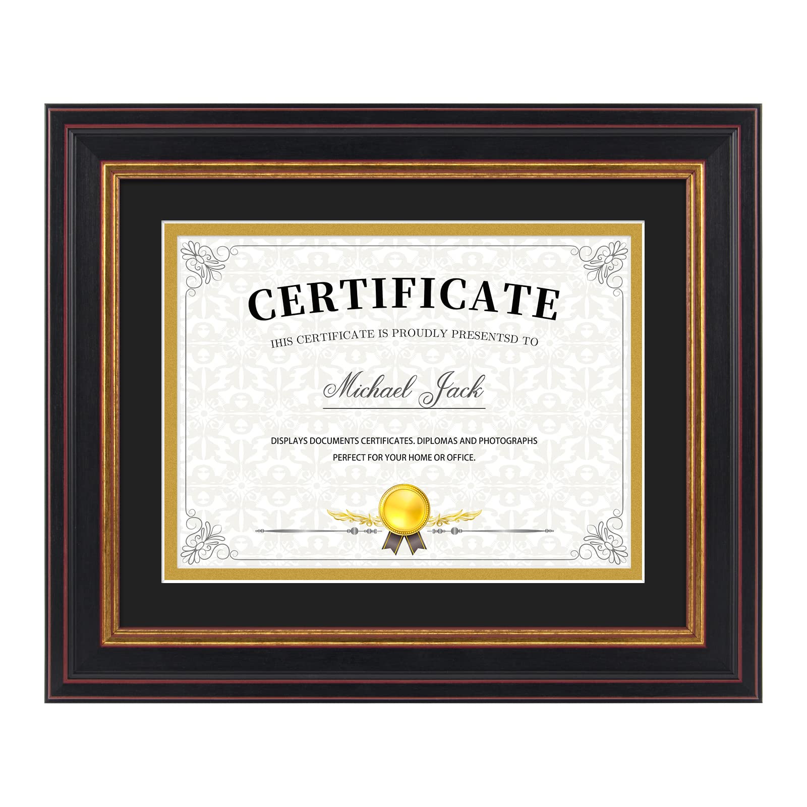 Frametory, 6x8 Diploma Frame with (Black/Gold) Double Mat or 8x10 Without Mat, Black Gold & Burgundy, Easel Stand, Wall Display or Tabletop for Pictures/Certificates/Documents, Real Glass