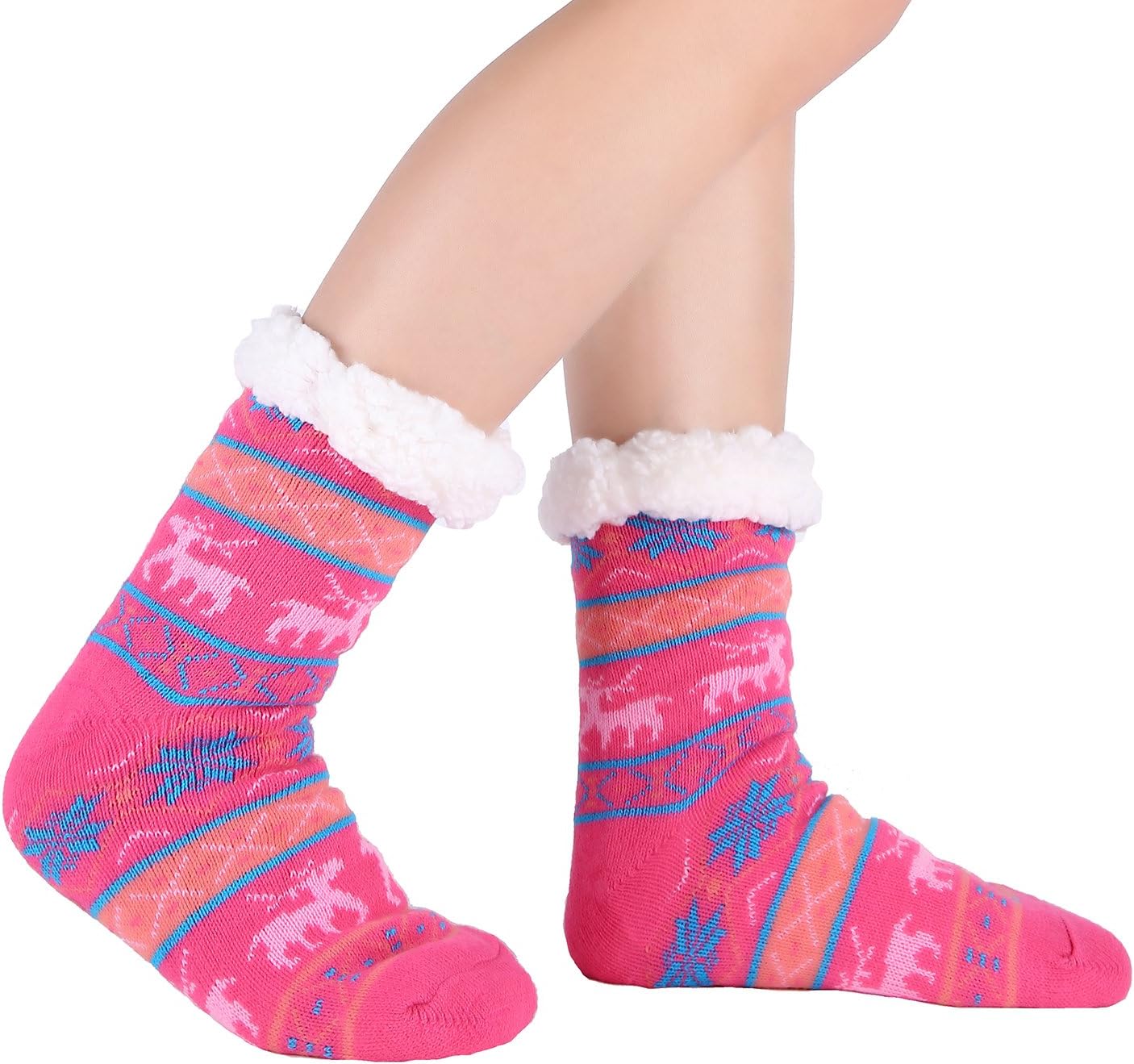 Women Slipper Socks Fleece Non Slip Sherpa grippers Winter Sleep Sock, Pink, One Size