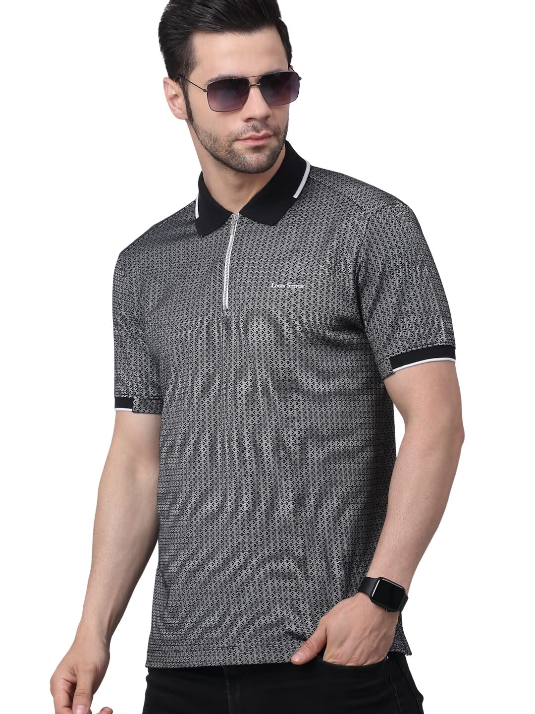 LOUIS STITCHSlim Fit Polo T- for Men Egyptian Cotton Classic fit Semi Formal Half Sleeves Zip Closer Jacquard Black Mens Polo Tees (PTS-S4)