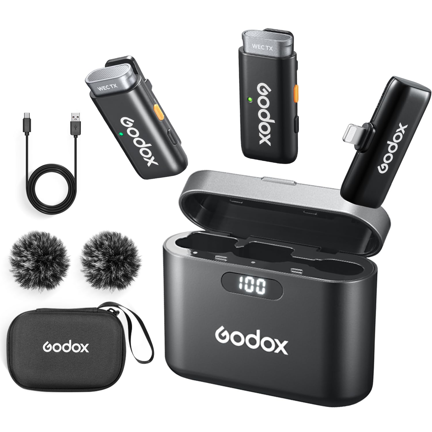 GODOX WES1 KIT2 – Drahtloses Lavalier-Mikrofon für iPhone, MFi-Zertifiziert, ENC-Rauschunterdrückung, professionelle Aufnahme mit 48 kHz/16 Bit, Reichweite 200 m, für YouTube/Interviews (WES1 KIT2)