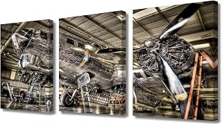Canvas Wall Art 3 Pieces Aircraft Nose Poster Canvas Art Grey Propeller Pictures Home Decor Artwork Canvas Inspirational Wall Decor for Living Room Bedroom Posters Framed Ready to Hang 42"Wx20"H