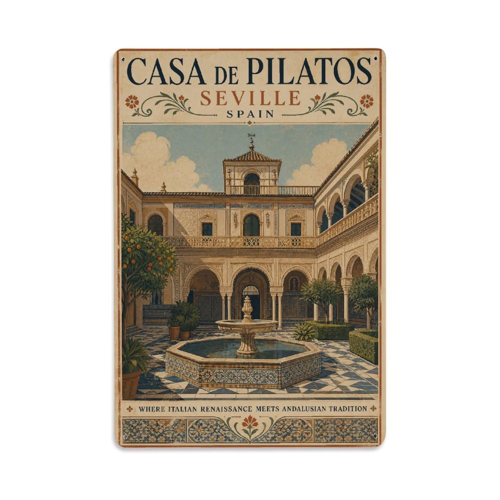 Vintage Travel Casa Pilatos Seville Renaissance Palace Metal Tin Sign