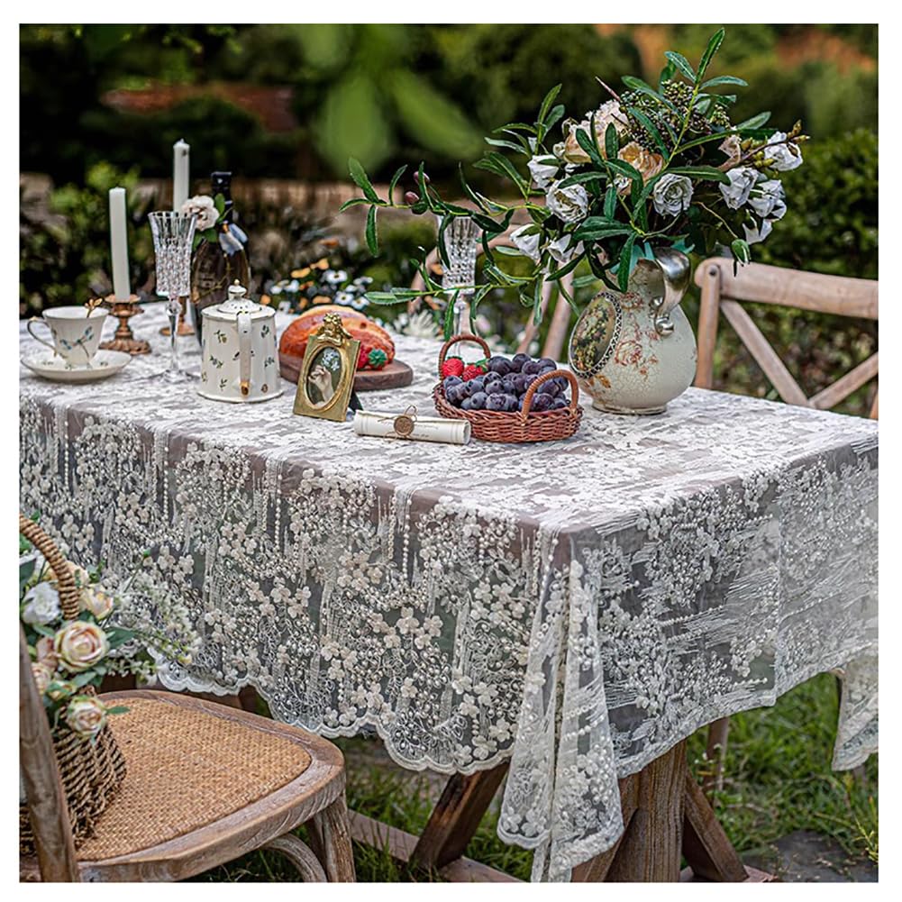Weiße Spitzentischdecke Rechteckig–Tischtuch mit Blumenstickerei 135*220cm | Transparente Spitze Tischdecke im französischen Vintage-Stil – 7 Größen für Esstisch, Hochzeit, Gartenfest und Kaffeetafel.