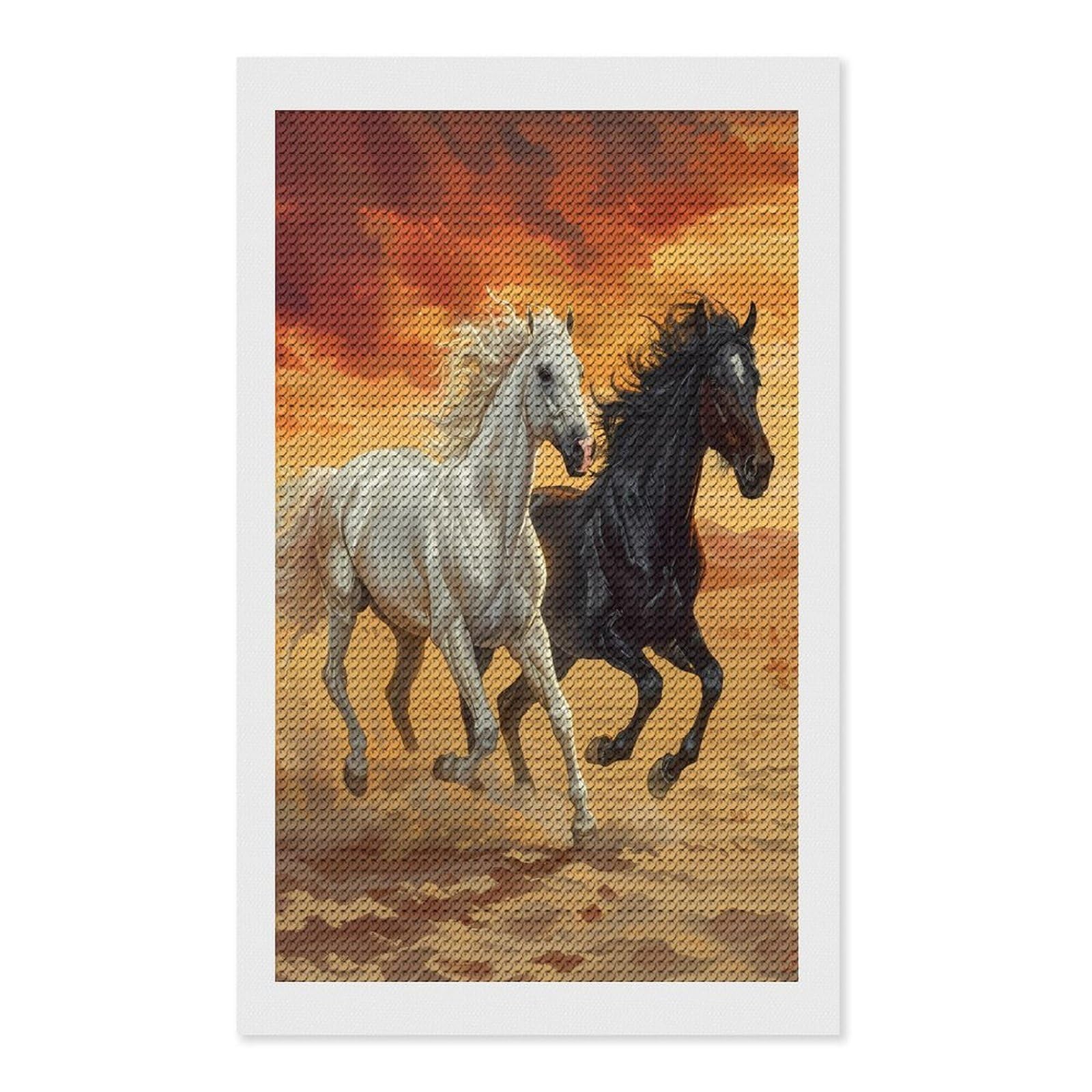 Nclqvjxzkhw Style Running White And Black Horses Diamond Art Painting For Adult Round Diamonds Pictures Arts Crafts Home Wall Decor 12"X20"