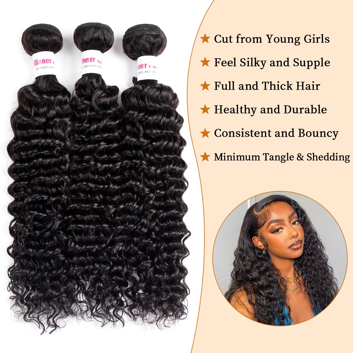 12A Deep Wave Human Hair Bundles 14 16 18 Inch Curly Bundles Human Hair 100% Unprocessed Human Hair Bundles Deep Wave Weft Extensions Weave Natural Black (300g)