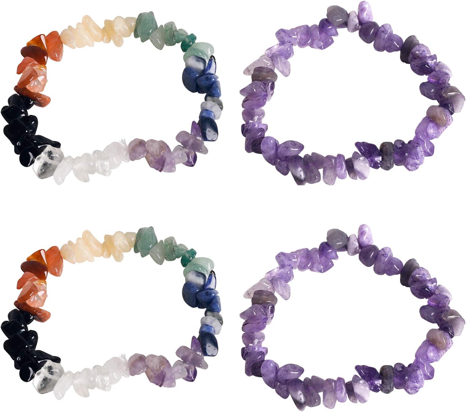 CXD-GEMIrregular Natural Gemstone Chip Bracelets Set for Women - 4 Pack Healing Stone Stretch Bracelets, 8 5 inch, Crystal, carnelian
