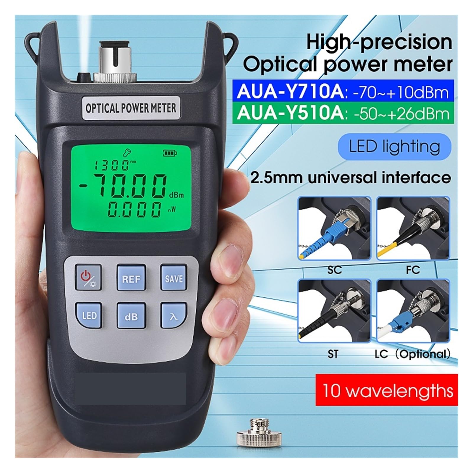 Medidor de luz, Medidor de potencia fibra óptica alta precisión AUA-Y510A/Y710A con luz LED, medidor OPM(Y710A)