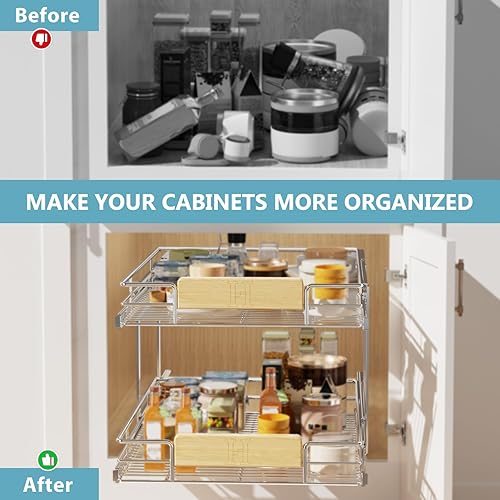 Miniatura 7 de LOVMOR Organizador de armario extraíble de 2 niveles de 13.5 pulgadas de ancho x 21.5 pulgadas de profundidad, cajones deslizantes con mango de