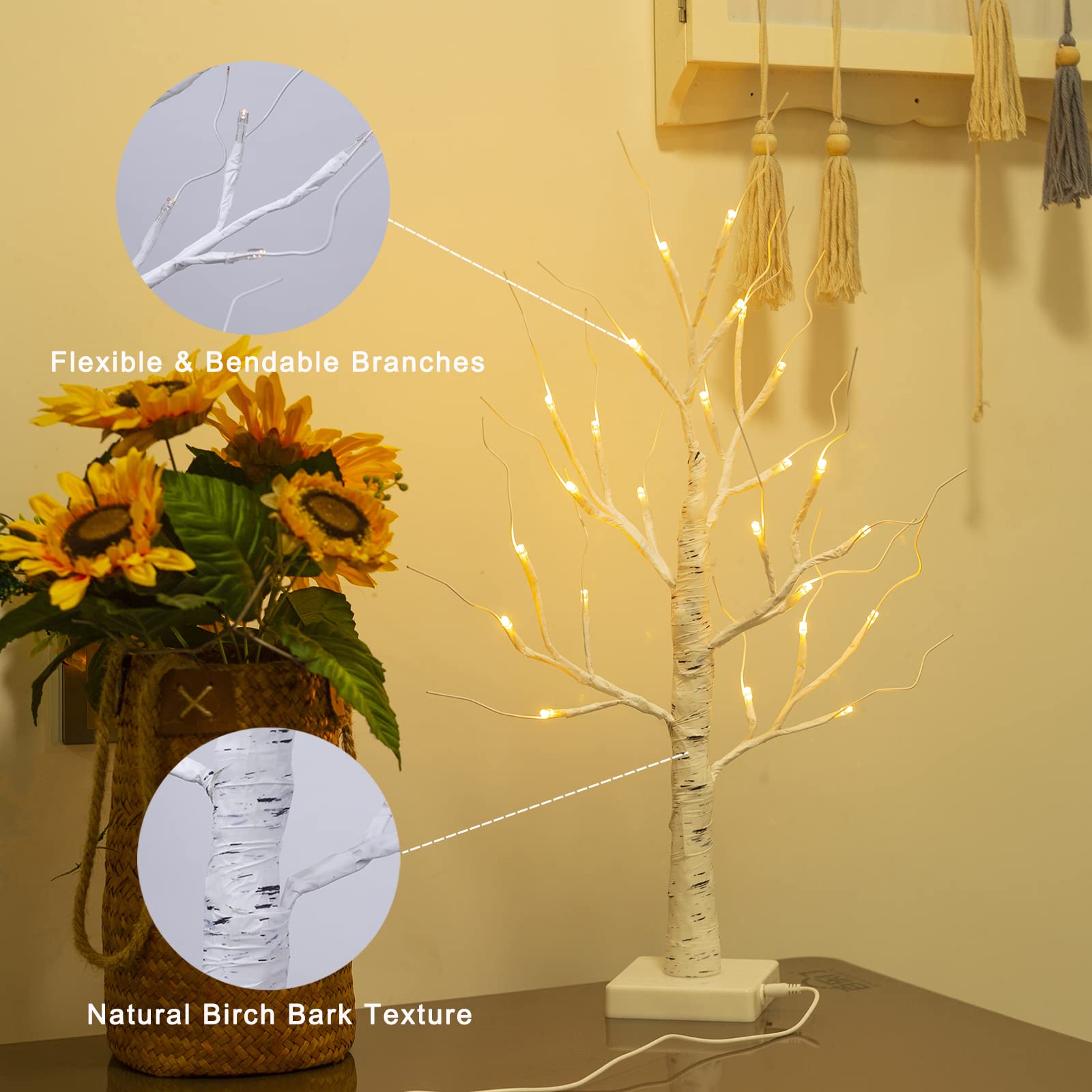 Hemasxing 3 Pack 24LT Lighted Birch Tree 2 Foot Battery Operated and USB Power Tabletop Easter