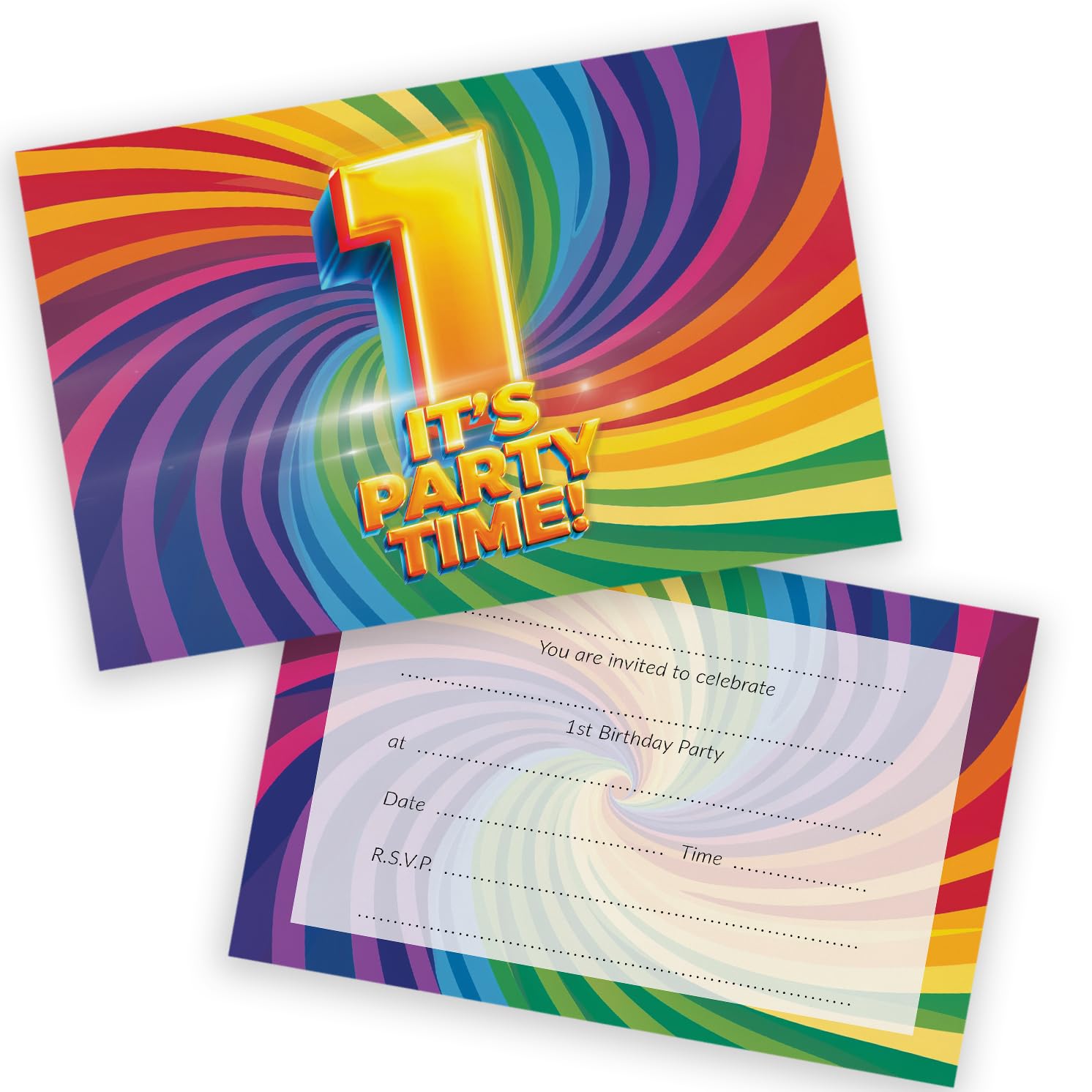 1st Birthday Party Invitations Kids - Now It's Party Time 20 Pack - Childrens Birthday Invitations for Boys/Girls A6 Bday Party Invites Invitation Cards with Folding Envelopes