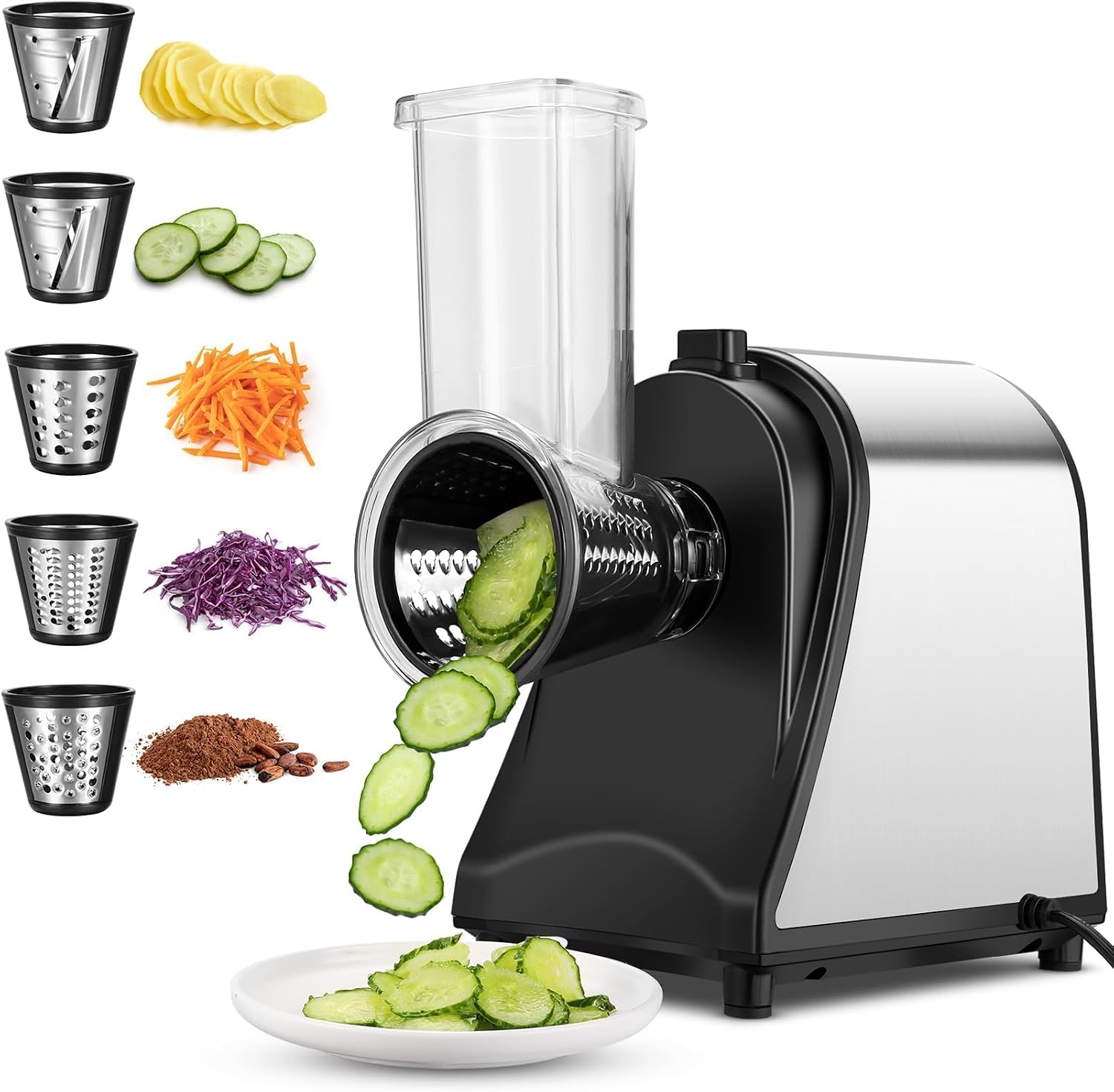 COOCHEER 5 in 1 Electric Vegetable Slicer, 250W Cheese Grater Shredder Salad Maker with 5 Stainless Steel Different Shapes of Blades, Vegetable Cutter for or Fruits, Cheeses