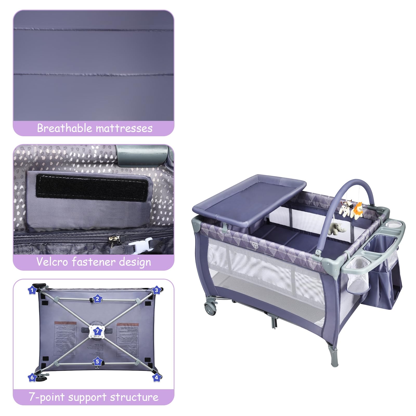 Maxmass 3 in 1 Baby Travel Cot, Foldable Bedside Crib with Changing Table, Hanging Toys, Wheel, Carry Bag, Infants Nursery Center Baby Cot Bed for 0-36 Months (Gray) — view 4