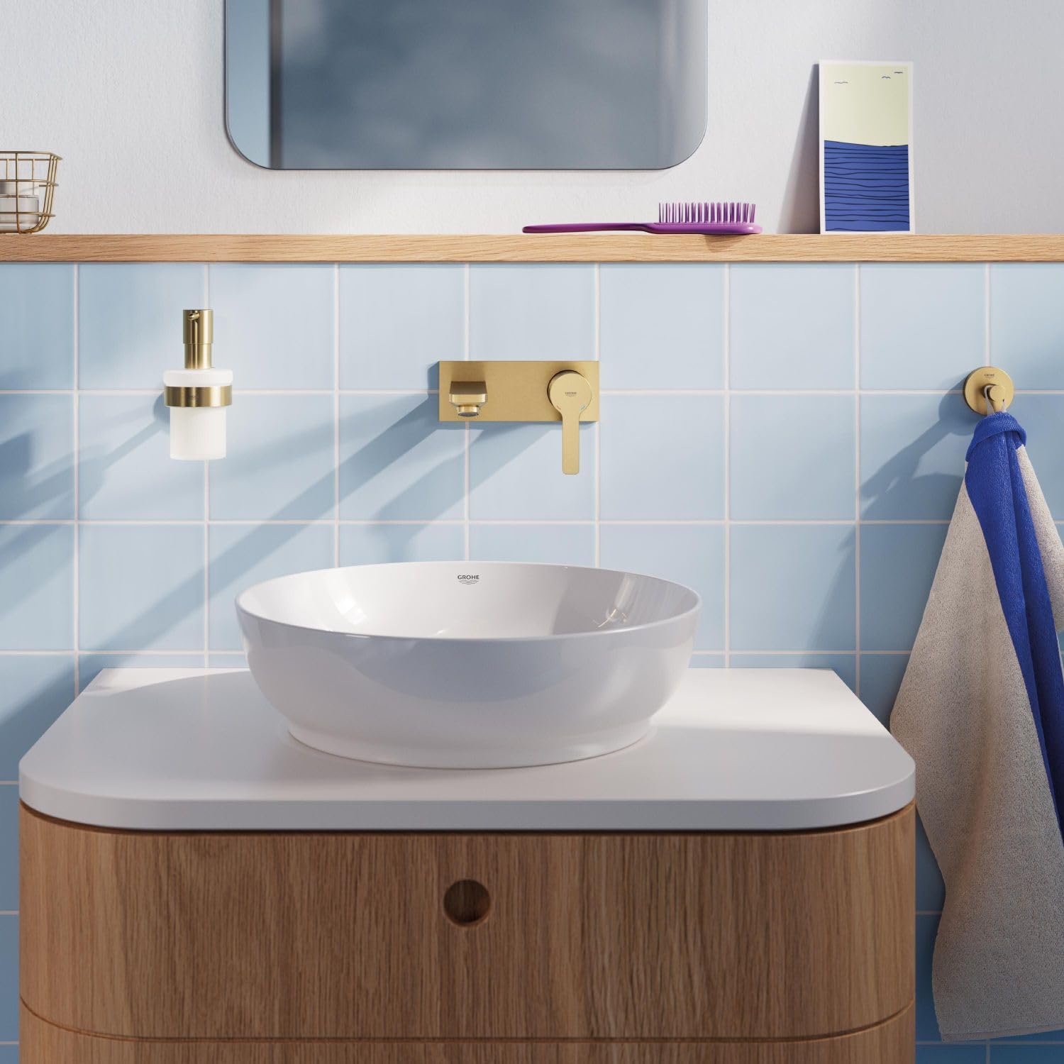 GROHE Start, klebbarer Seifenspender für das Bad, ohne Bohren (Füllmenge: 160ml, mit Halter, verdeckte Befestigung, inkl. Schrauben und Dübel, Kleber separat kaufen) cool Sunrise, Gold, 41195GN0