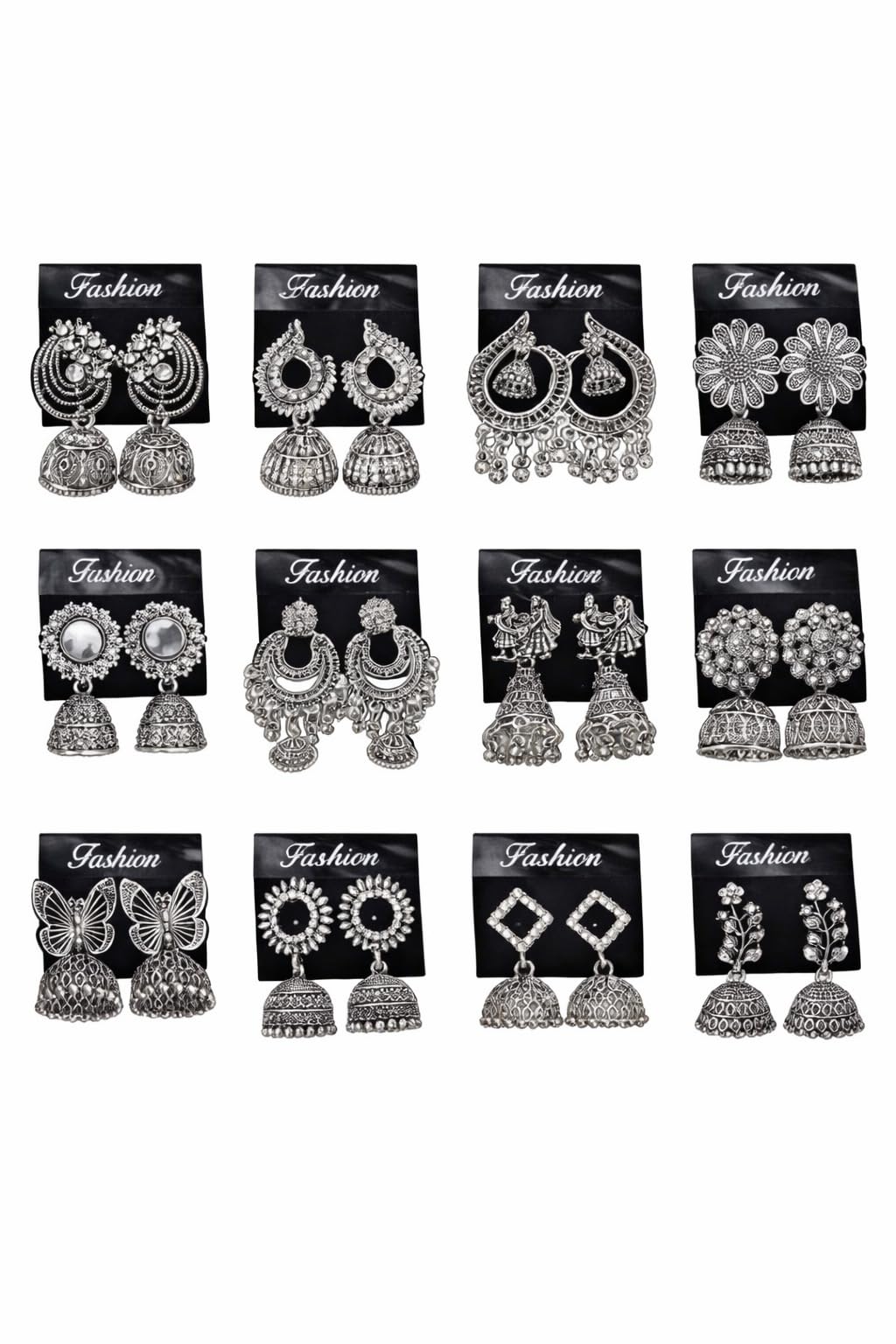 Traditional Oxidised Silver-Tone Jhumka Earrings Set For Women | Stylish Earring Set | Ethnic Indian Danglers | Ideal Jewellery Gift Set For Sister, Wife & Friends - Pack Of 12-image-5