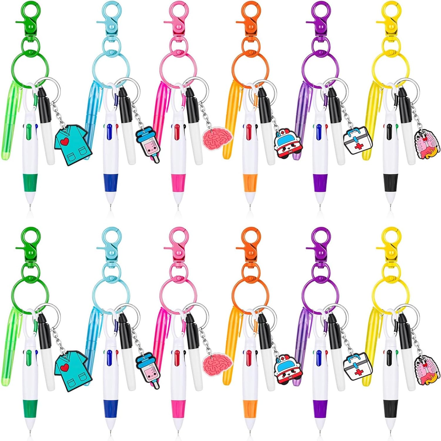 Zheigaoxea 6Colors Mini Highlighter Nurse Pens For Badge Reel Pen Include 12 Tip Highlighter 12 Permanent Marker Pen And 12 Retractable Ball Pen With 12 Nursing Keychain Clip Christmas (60Pcs)