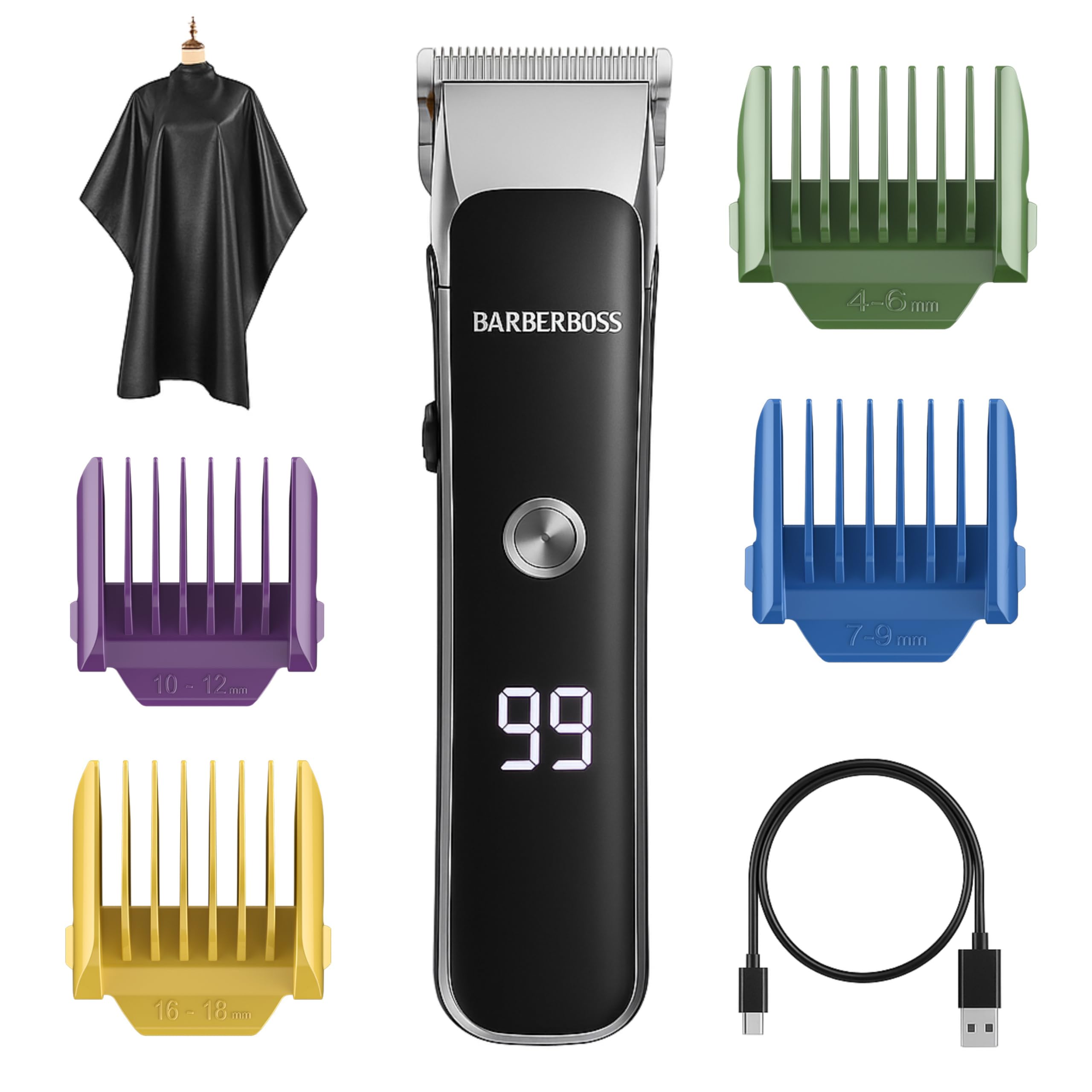 Barberboss Regolabarba e Viso per Uomo, Tagliacapelli Compatto con Manopola Regolabile, Doppia Velocità, Display LED, Lama in Ceramica e Titanio, Regolabarba con 4 Pettini e Ricarica USB