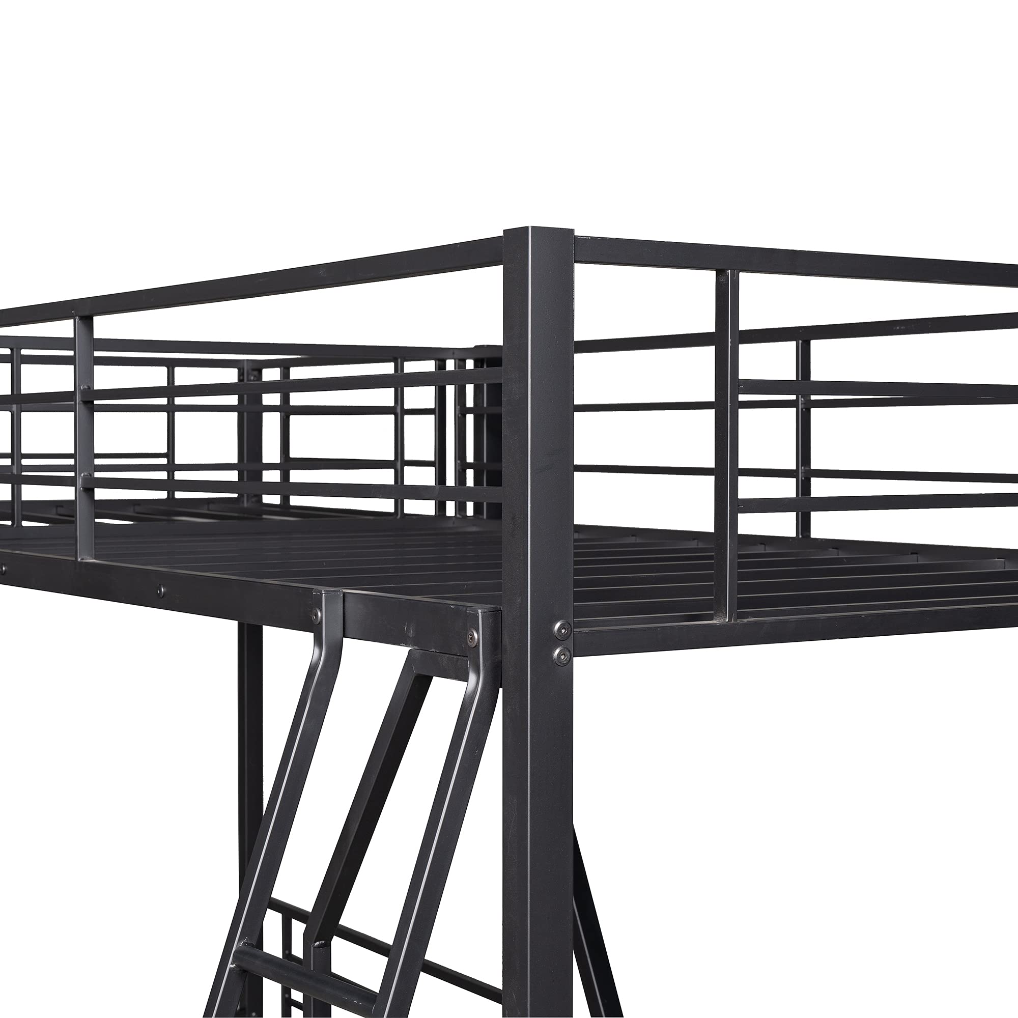 LShaped Metal Corner Triple Bunk Bed with Desk, Twin Over Full Bunk Bed Attached Twin Loft Bed