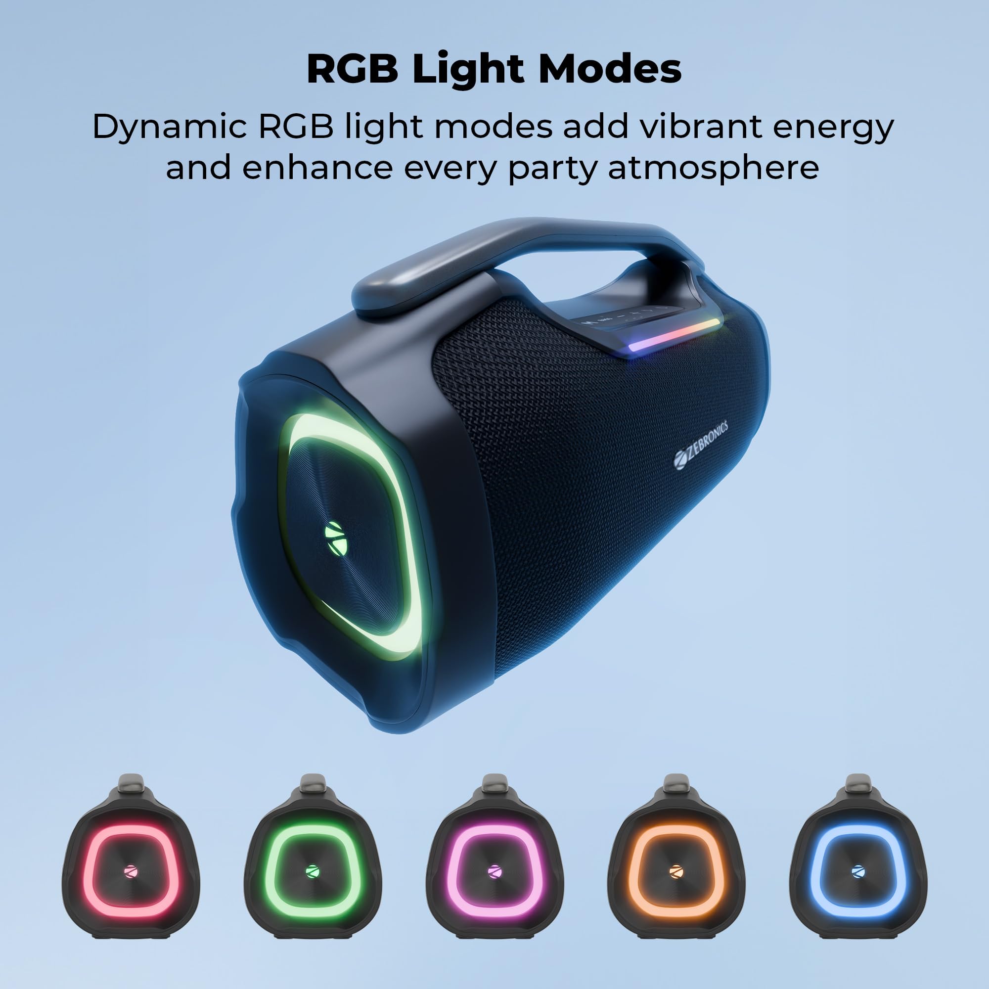 ZEBRONICS 2026 Launch 50W Bluetooth Speaker, Dual 5.7cm Drivers, 8.9cm Subwoofer, Upto 5Hrs Playback, Dual Passive Radiators, RGB Modes, 6.3mm Mic Input, TWS, BT v5.3, Type-C (Sound Feast 450) — Amazon image 5