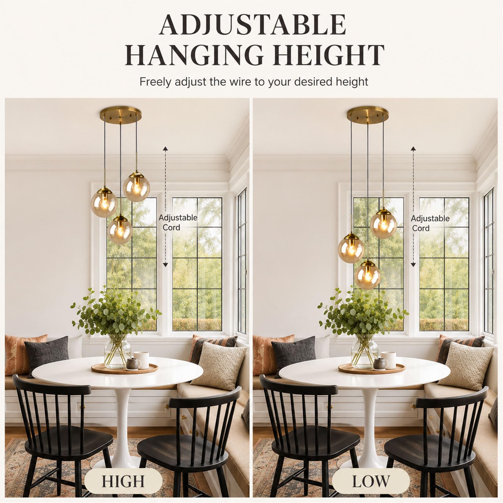 Lampadario moderno a forma di globo con 3 luci, altezza regolabile, lampadario a sfera, lampadario industriale per isola cucina, sala da pranzo (profondità: 15 cm x altezza: 25 cm)