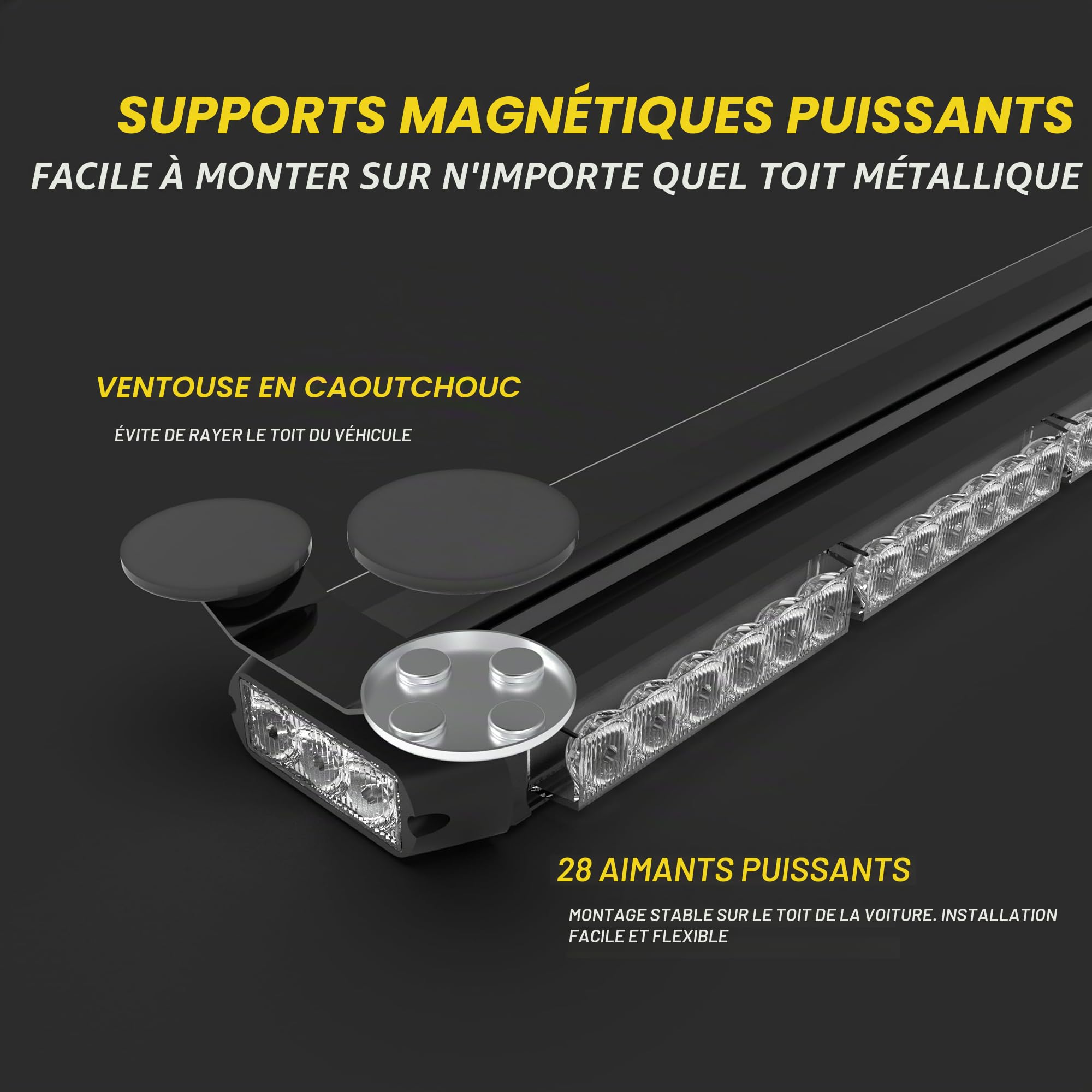 96cm 78LED Barre Lumineuse Clignotante Stroboscopique, 12V/24V Gyrophare LED Véhicule magnétique Avertissement d'Urgence Barre (Ambre)
