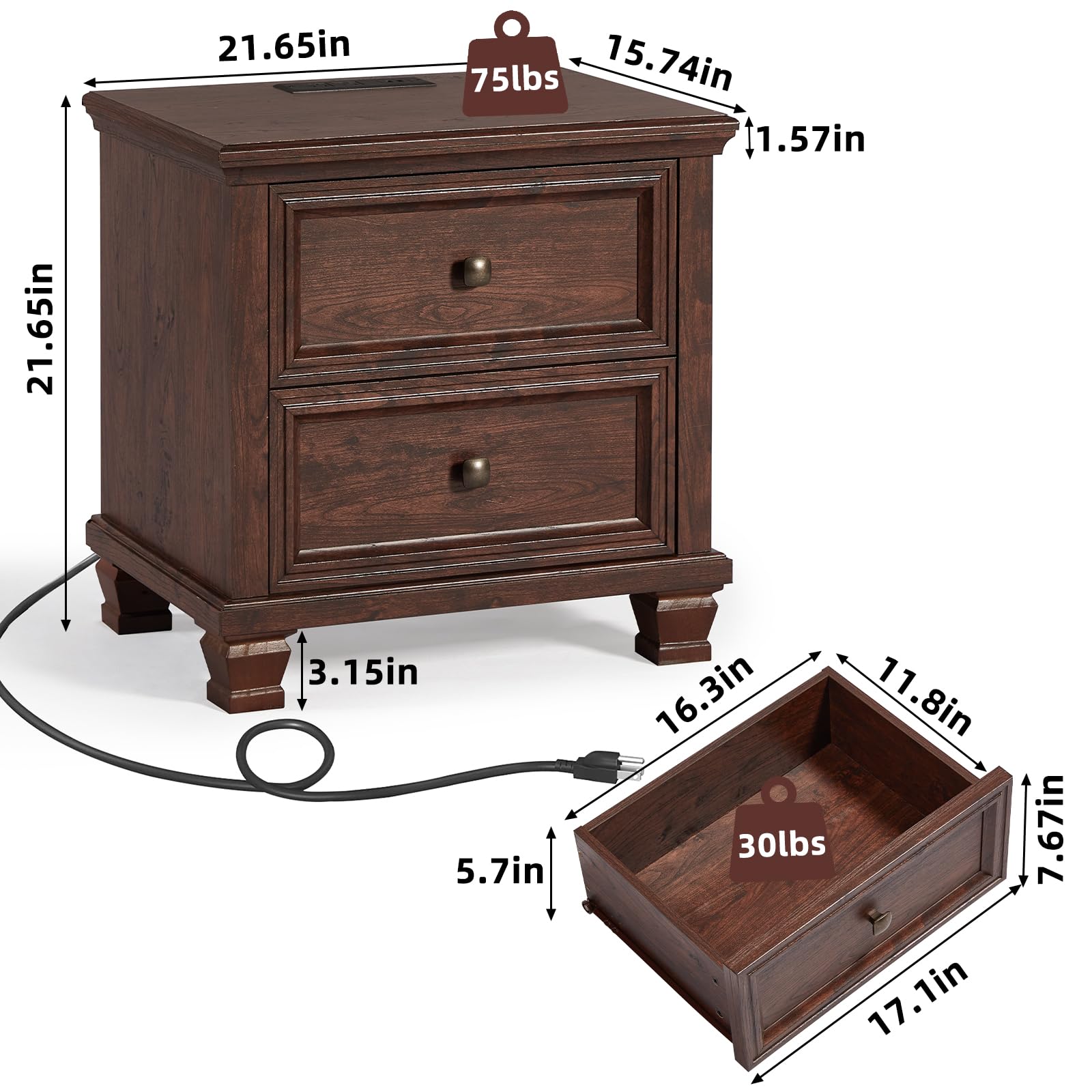 Farmhouse Nightstand Set of 2 - Rustic & Charging - Dettaglio