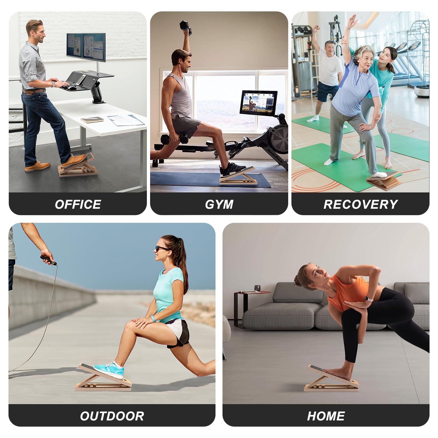 Planche inclinée en bois pour étirement des mollets, réglable et portable avec guide d'entraînement, capacité de charge de 136 kg, équipement de physiothérapie pour jambes, genoux, talons et chevilles