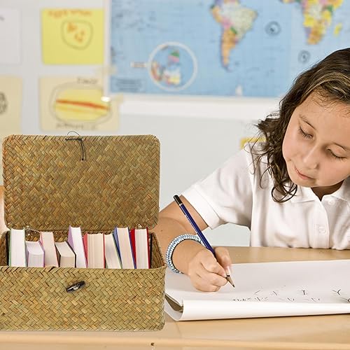 Miniatura 6 de BESPORTBLE Cesta de ratán con tapa, cestas de mimbre con tapa, cestas de almacenamiento de mimbre planas, cestas organizadoras tejidas con botón