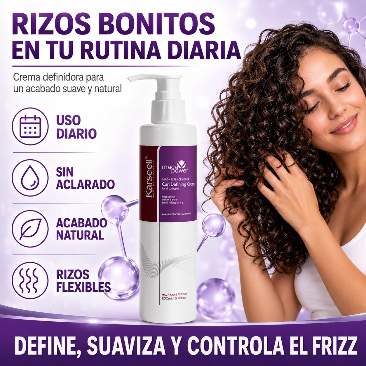 Karseell MACA CARE SYSTEM Crema Definidora de Rizos con Aceite de Argán Colágeno Coco Jojoba Hidratante Nutritiva Reparadora Antiencrespado Antifrizz Cabello Rizado Seco Dañado Brillo Suavidad 200ml
