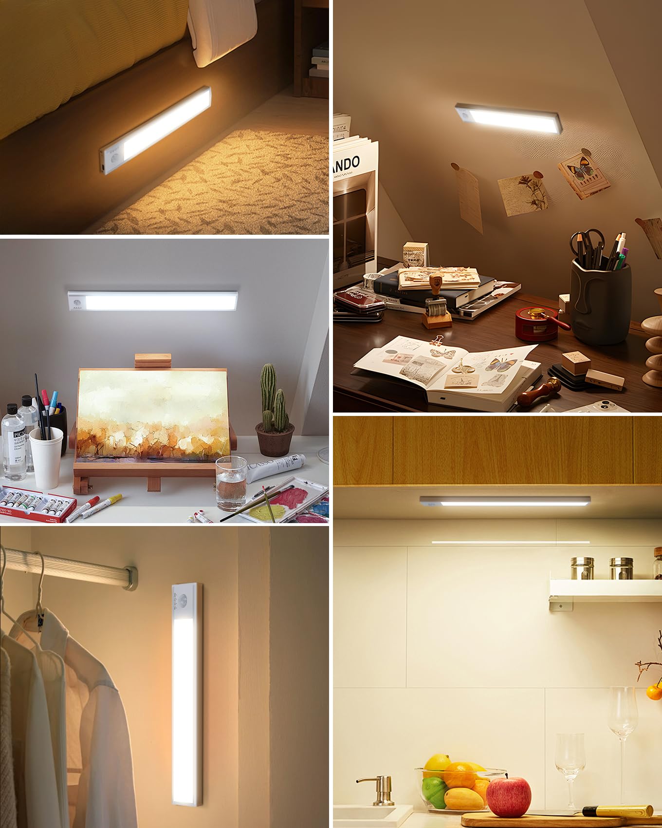 Aigostar 3 Pcs Luz LED Armario Sensor de Movimiento, Bajo Mueble Cocina 30.4cm, 2200mAh USB-C Recargable, Color y Brillo Regulable, Magnética Adhesiva, Aluminio, Inalámbrica