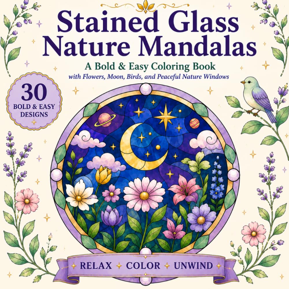 Stained Glass Nature Mandalas: A Bold & Easy Coloring Book with Flowers, Moon, Birds, and Peaceful Nature Windows