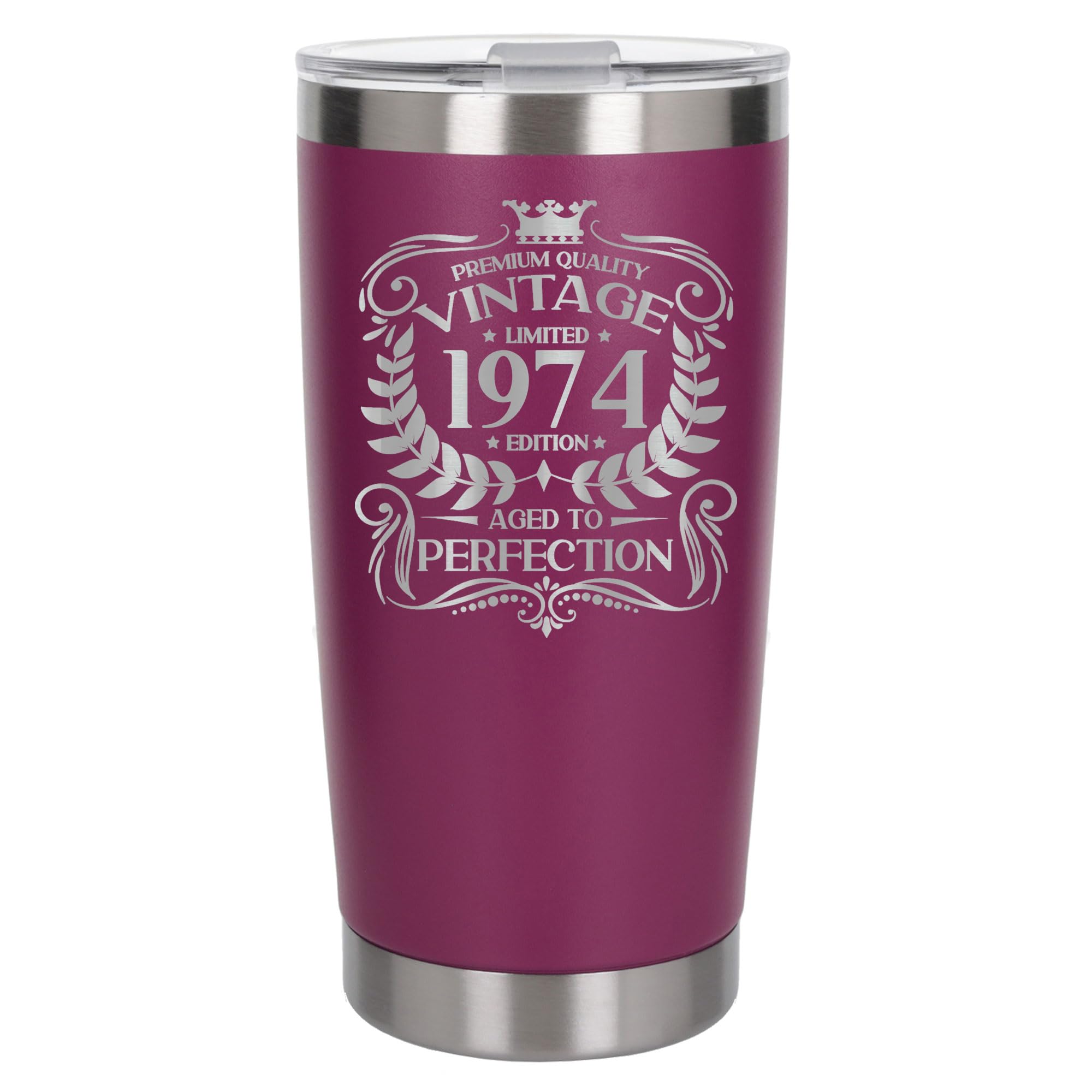 Always Looking Good 52nd Birthday Gift Vintage 1974 Aged to Perfection Engraved Insulated Travel Mug Present for 52 Year Old Dark Pink Thermal Coffee Flask Travel Mugs with Lids
