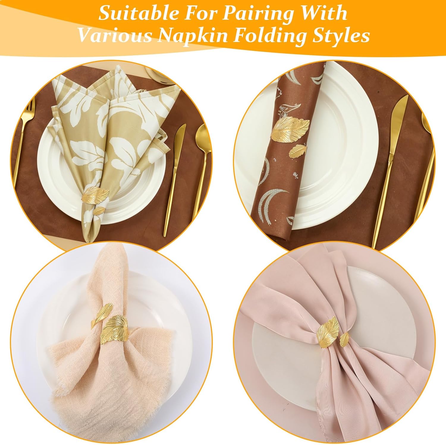 50 Pcs Gold Napkins Rings Bulk, Wedding Napkin Rings Set with Elegant Leaf Design, Premium Gold Napkin Holders for Thanksgiving Christmas Party Table Decor