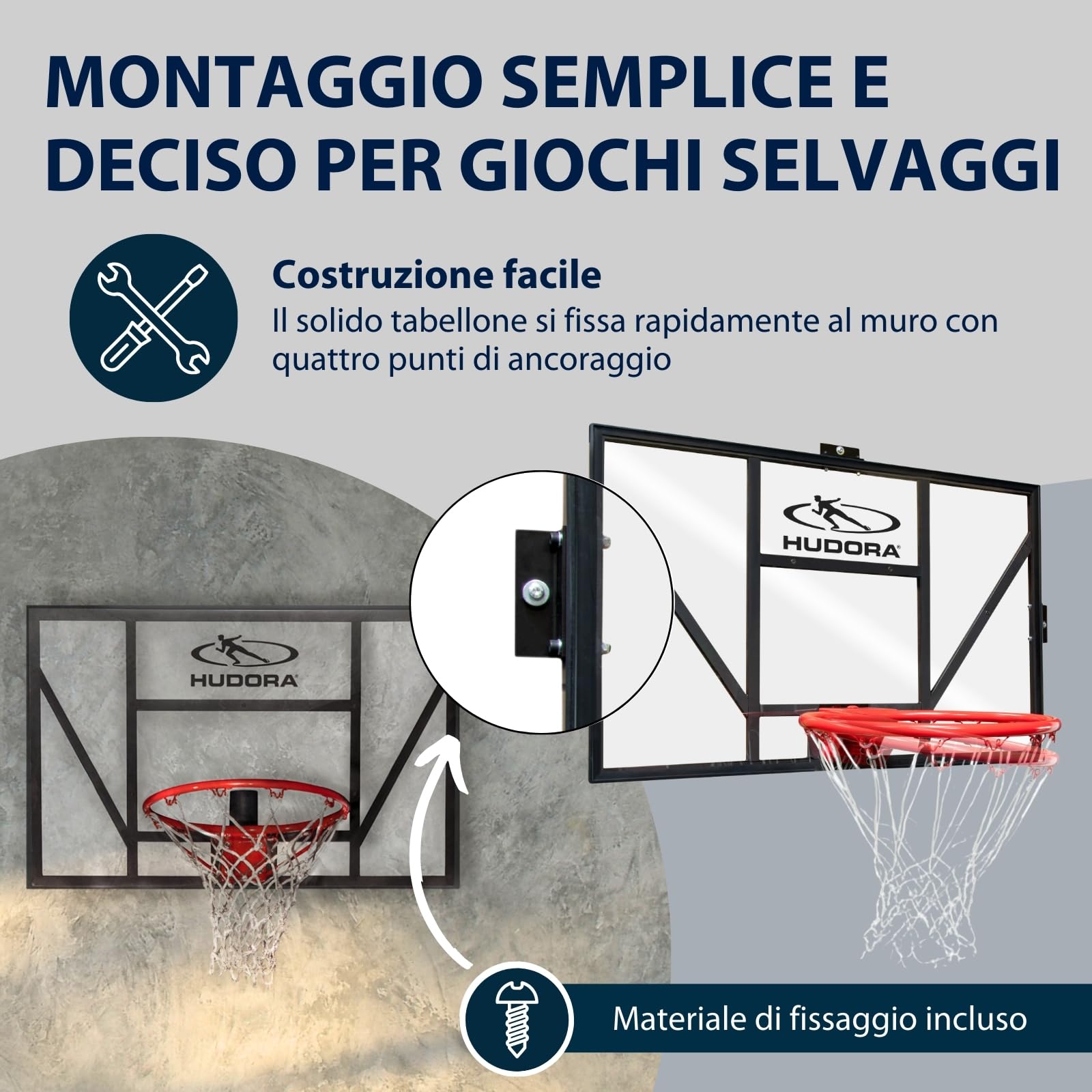 HUDORA Canestro da basket Board Competition Pro - Canestro da basket con anello per schiacciate da parete per bambini e adulti - Canestro da basket da giardino con tabellone trasparente