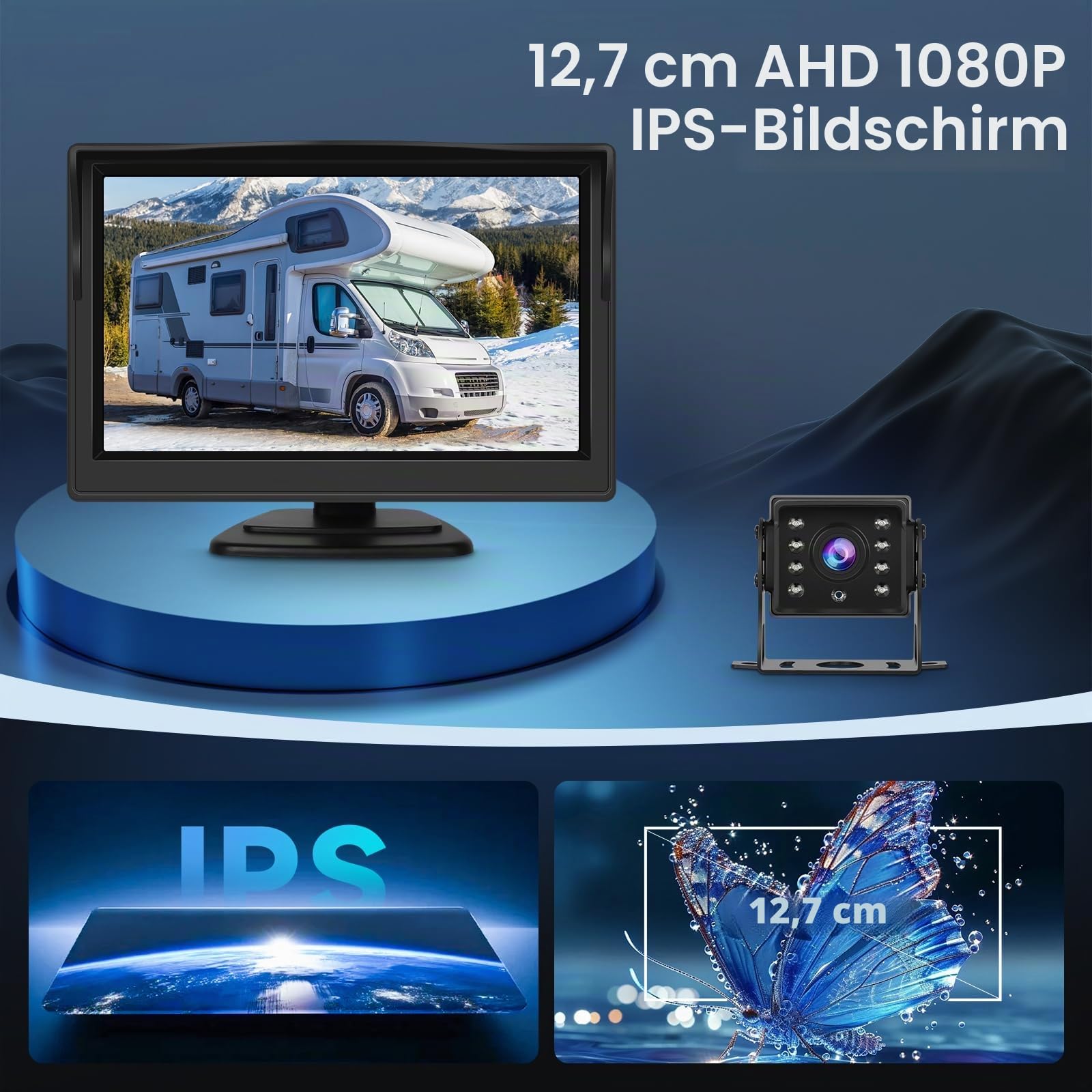 VECHTEL Rückfahrkamera mit 5 Zoll IPS HD Monitor und 1 Kameras, IP68 Wasserdicht IR Nachtsicht, Rückfahrkamera für Auto LKW Anhänger Wohnwagen Wohnmobil, 10M Kabel