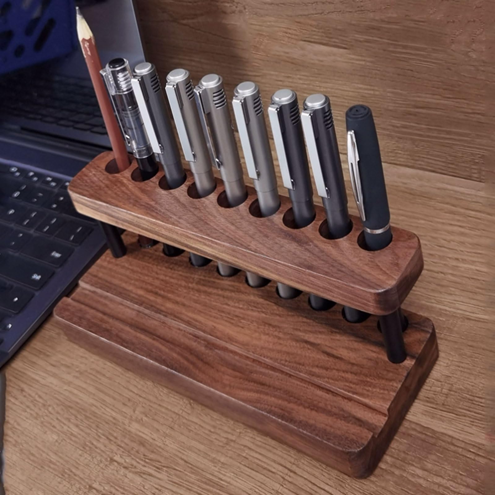 Portapenne in legno poroso e alluminio, organizer da scrivania multiforo con base antiscivolo, contenitore for cancelleria in massello