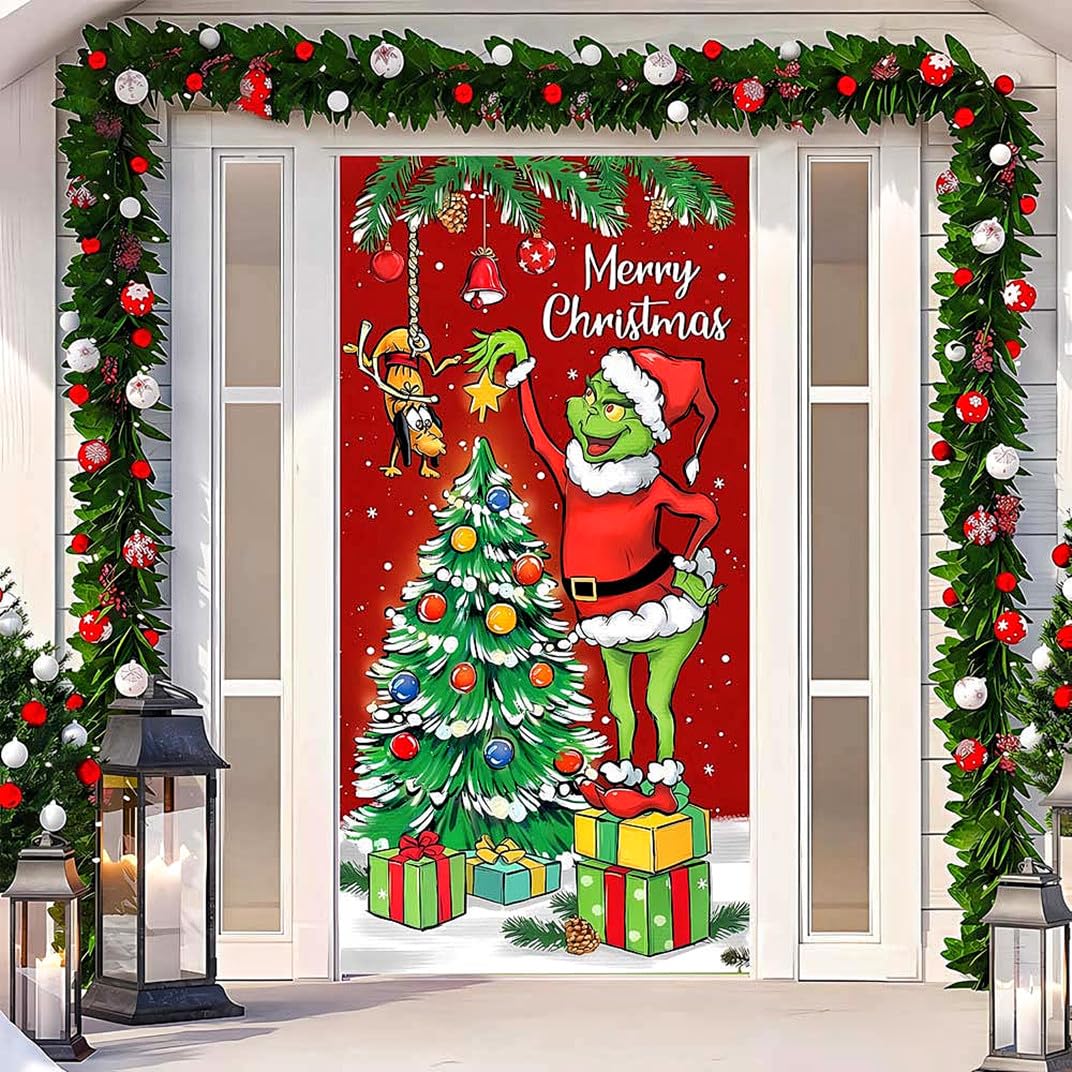 Molinter Navidad Grinch Puerta Cubierta de Puerta de Pelo Verde Monstruo Fondo Banner Cortina de Puerta Decoración de Navidad Exterior para Puerta de Casa (C)