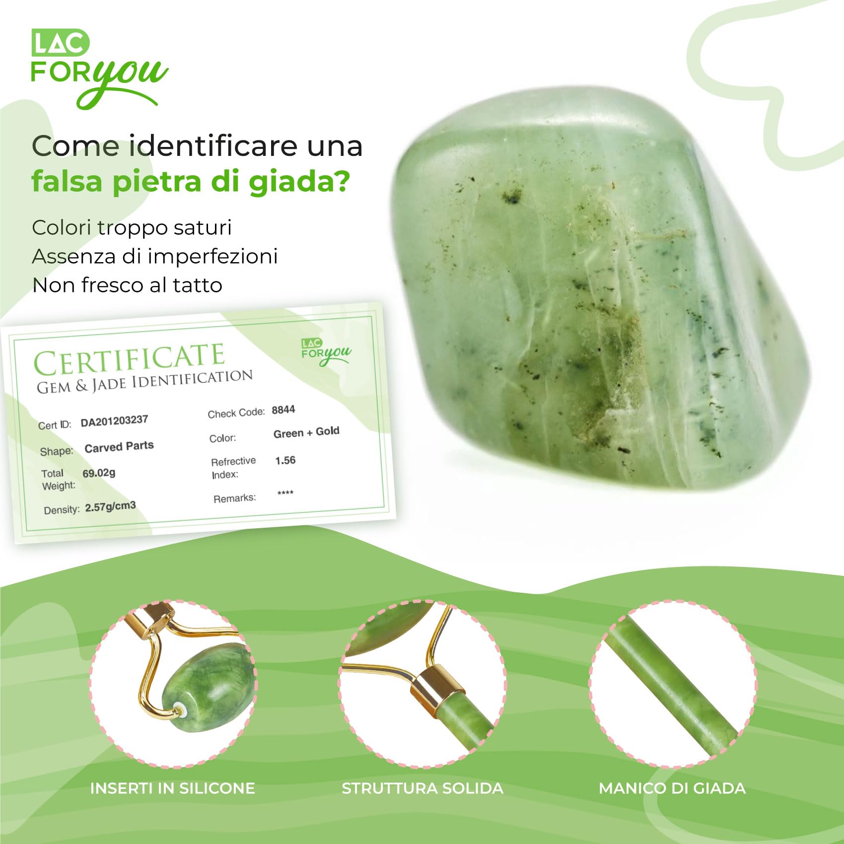 LAC FOR YOU Pietra Gua Sha e Rullo di Giada per il Viso - Roller Massaggio Viso Antirughe - 2 Pz Accessori Skincare Kit