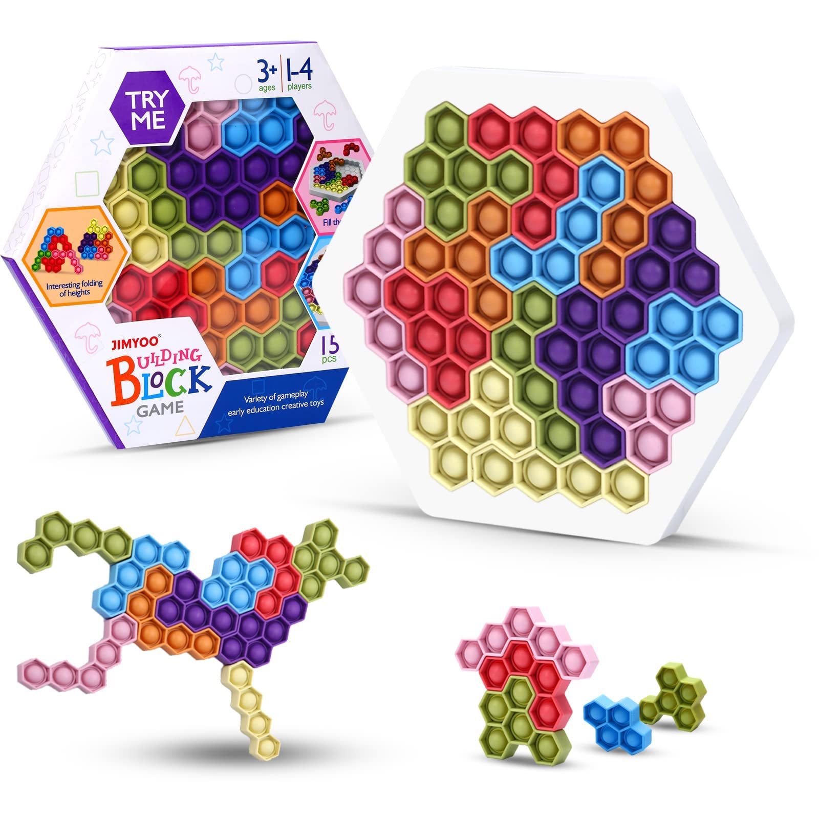 Push It Pop Puzzle Fidget Game, Hexagon Poppits Jigsaw Push Bubble Sensory Fidget Toys, 15pcs Silicone Popper Game Boards to Anxiety and Stress Relief for Girls Boys Women Men and Autism